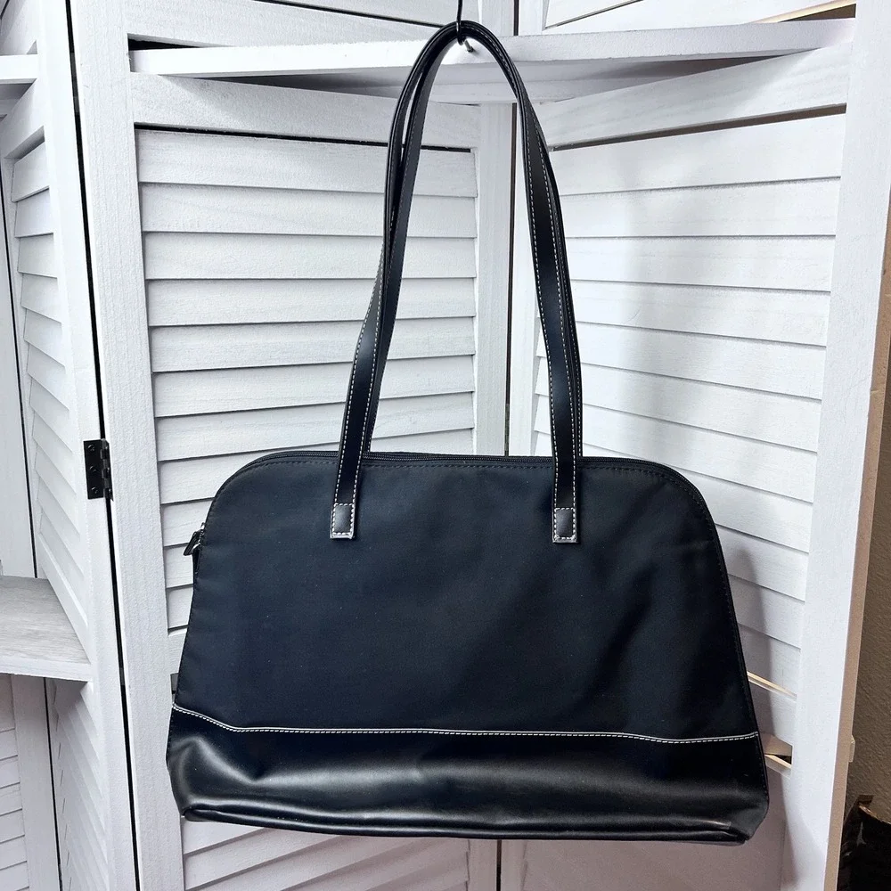 Black Nylon Laptop Tote Bag Pink Lining Shoulder Bag Travel Work Satchel